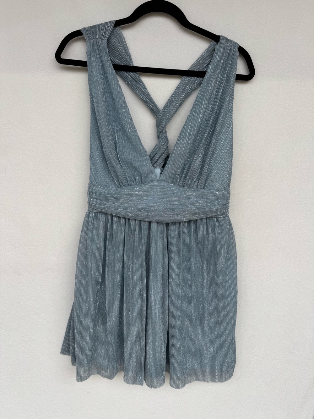 Lulus Silver Blue Shimmer Pleated Cross Back Mini Dress Size L